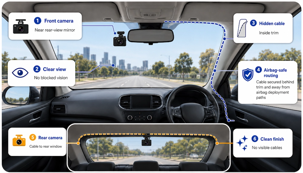 Dash cam placement and hidden wiring route inside a car