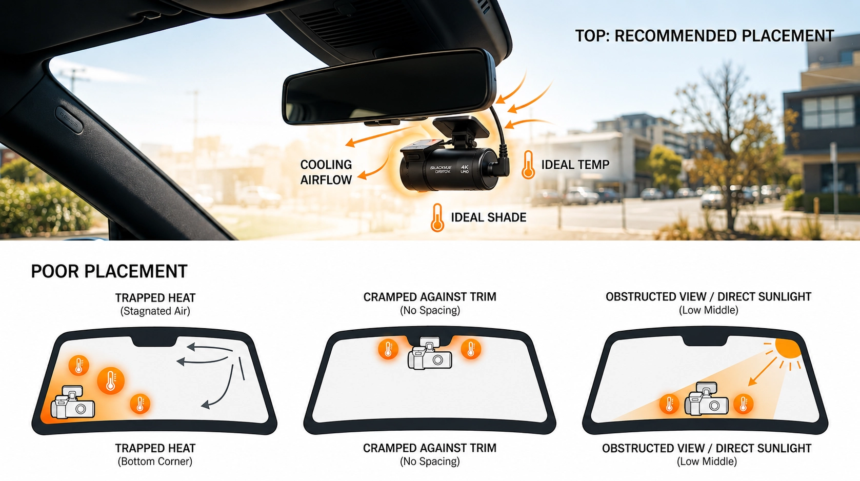 Correct dash cam placement near a rear-view mirror with airflow spacing