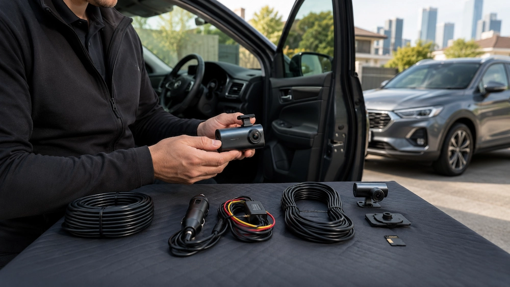 Installer checking a customer-supplied dash cam before installation