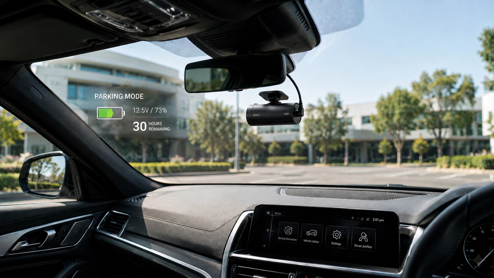 Dash cam installed in a vehicle with parking mode battery indicator