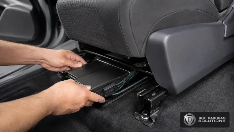 Secure dash cam battery pack installation with neatly routed wiring inside a vehicle.