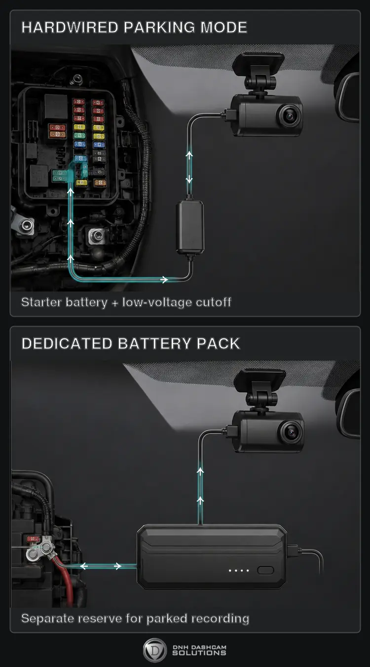 Comparison of hardwired parking mode and a dedicated dash cam battery pack.