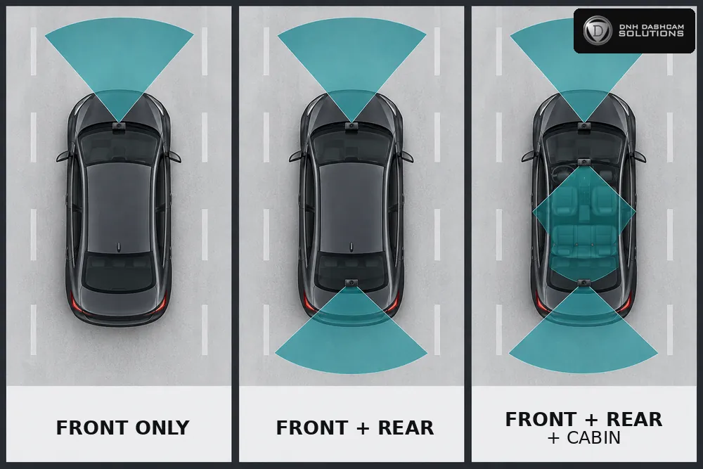 Top-down comparison of front-only, front-and-rear, and front-rear-cabin dash cam coverage.