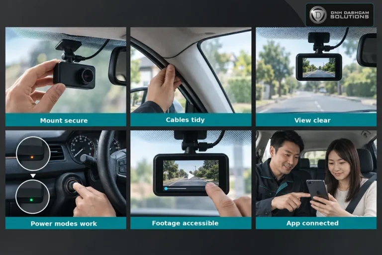 Six checks for dash cam handover: secure mount, tidy cables, clear view, power modes, footage, and app connection.