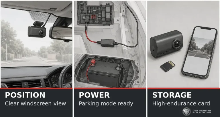 Three-panel dash cam installation guide showing camera position, parking-mode power and high-endurance memory-card storage.