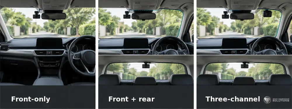 Comparison of front-only, front-and-rear and three-channel dash cam setups.