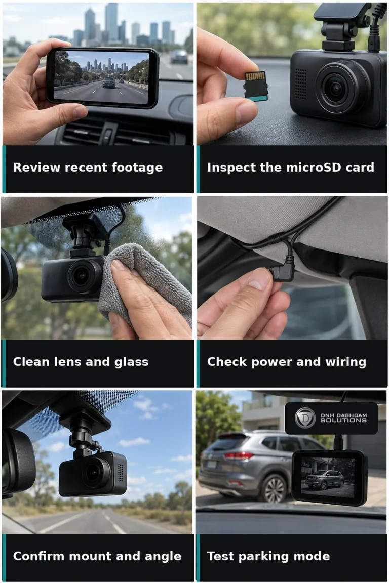 Six dash cam maintenance checks: footage review, microSD card, lens cleaning, wiring, mounting angle and parking mode.