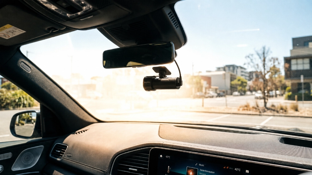 Dash cam mounted on a windscreen during hot summer conditions inside a parked vehicle