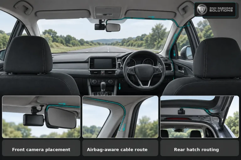 Diagram showing high front-camera placement, concealed pillar cable routing, and rear-hatch cable routing.