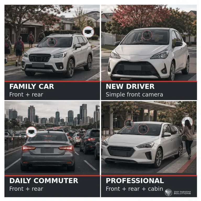 Four-panel guide matching family car, new driver, commuter and professional driving to front, rear or cabin dash cams.