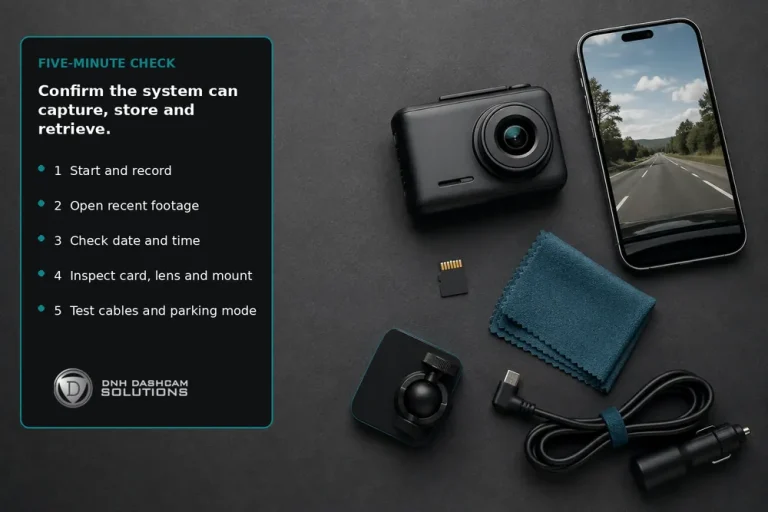 Five-minute dash cam check with camera, recent footage, microSD card, lens cloth, mount and power cable.