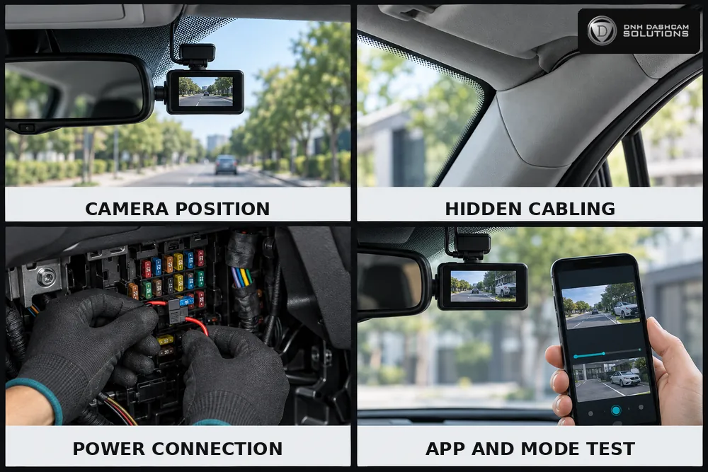 Four-part view of dash cam installation: camera placement, hidden cabling, fuse-box power connection and app testing.