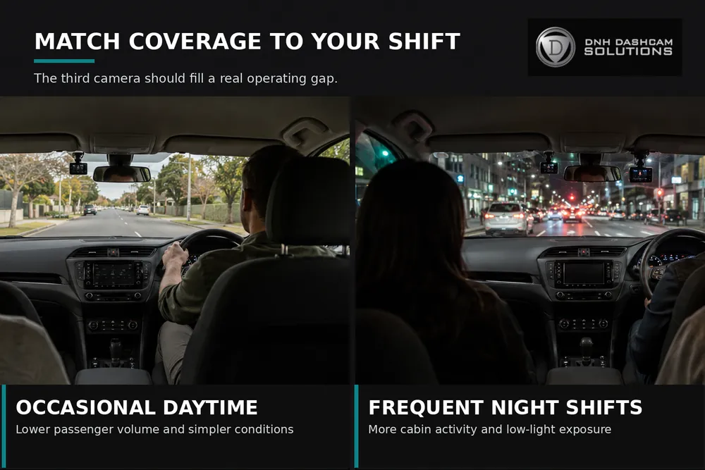 Comparison of an occasional daytime rideshare trip and a frequent night shift with more passengers and low-light cabin conditions.