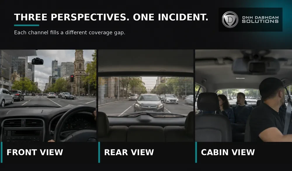 Three-panel view showing front traffic, rear traffic and the passenger cabin recorded by a three-channel dash cam.